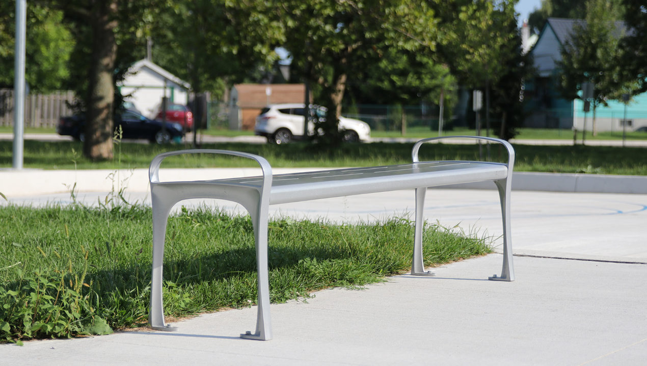 870-backless-metal-bench MBE-0870-00049: 870 Backless Metal Bench painted Silver 14 in park setting