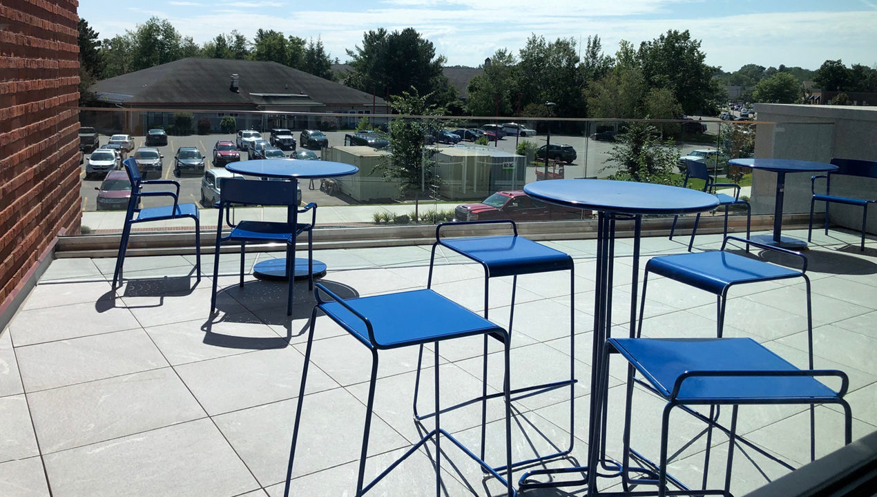 Bar Height Kontur Tables and Stools with Foro Tables and Chairs in blue powdercoat