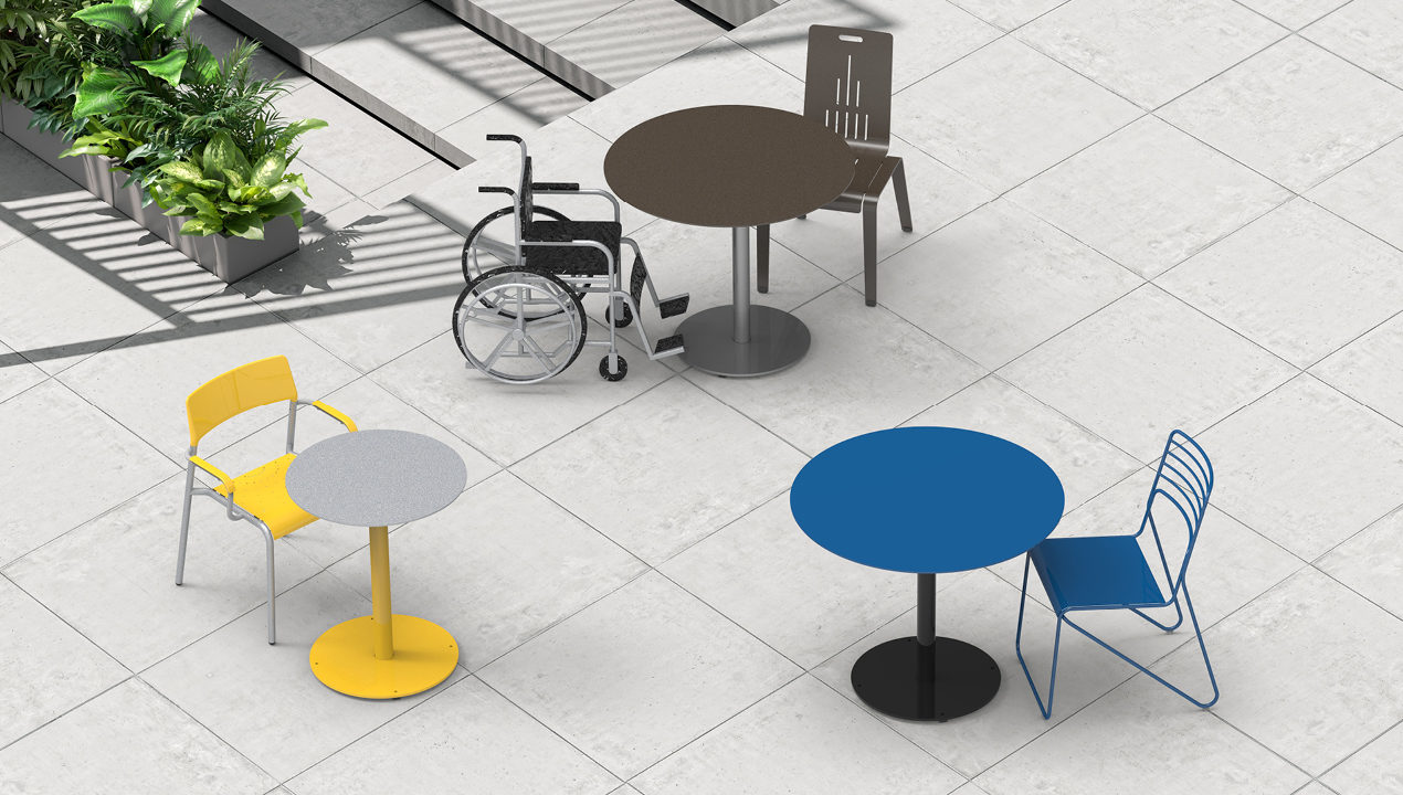 Ogden tables with Foro, Kontur and Alum chairs in bright colors