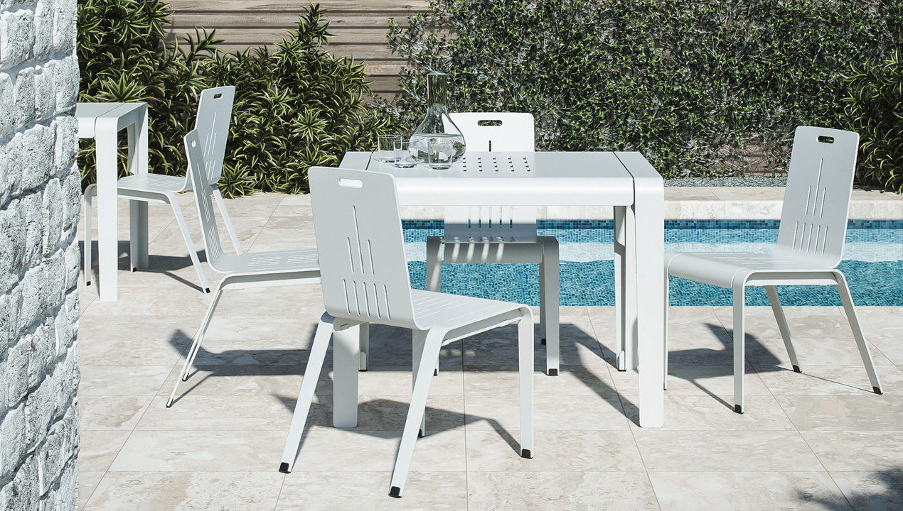 ALUM Dining Table and Chairs, on patio, poolside