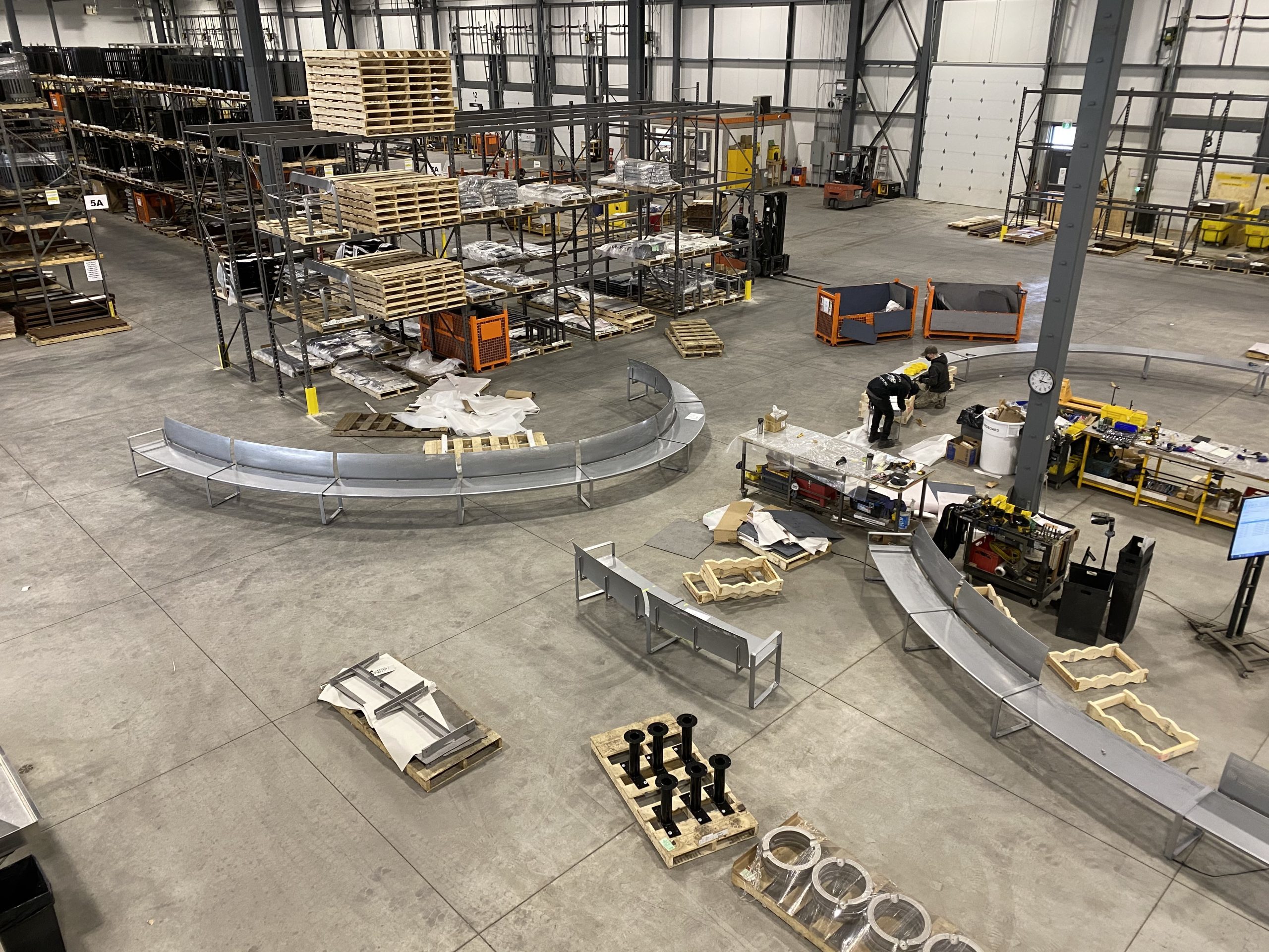overhead view of battery playscape site amenities in a warehouse