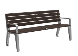MBE-2300-00057: Iconic Backed Bench, 70in L, Thermally Modified Ash Wood Seat and Back, Two End Arms, Skate Deterrent