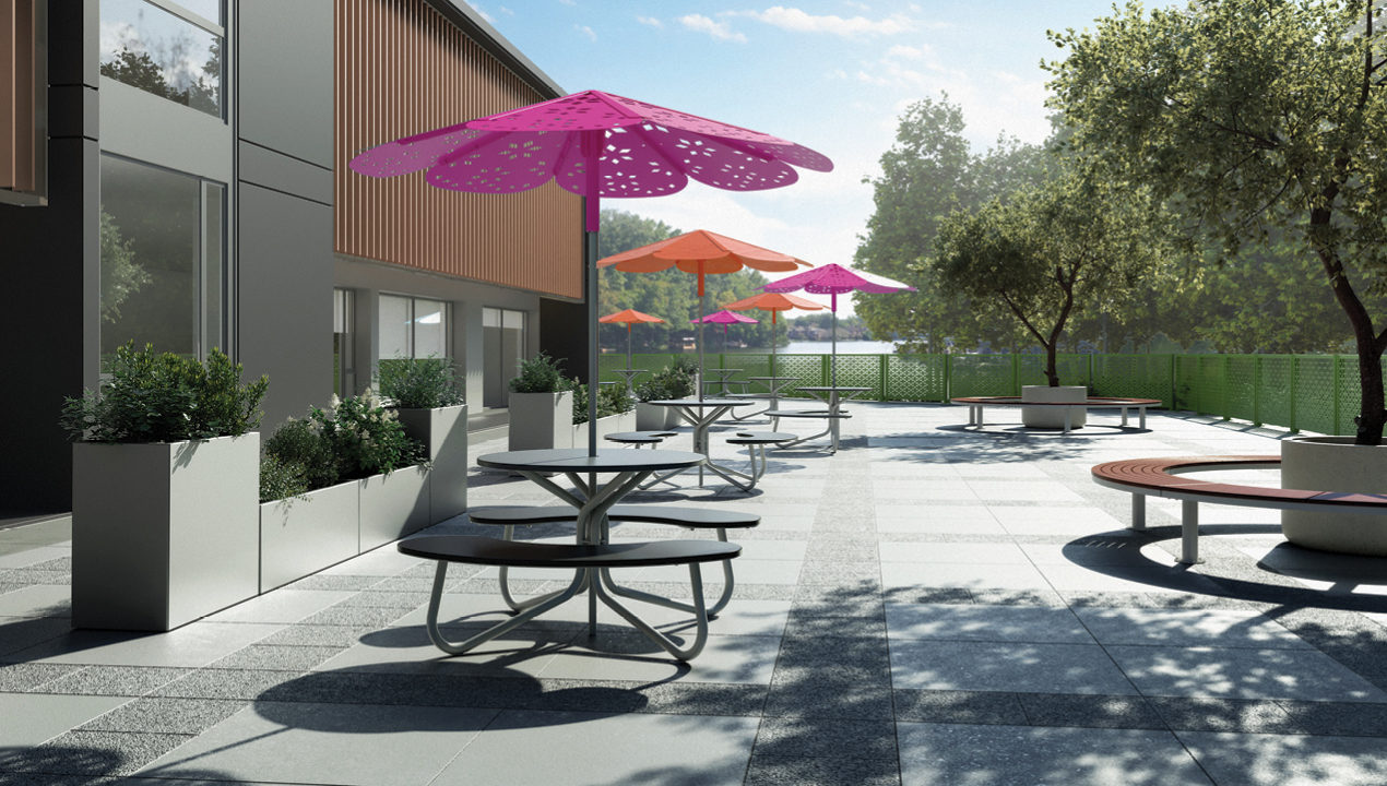 3200 Series - Roma Sun Shade, Fusion Pattern with FAVA tables and 1500 planters on patio