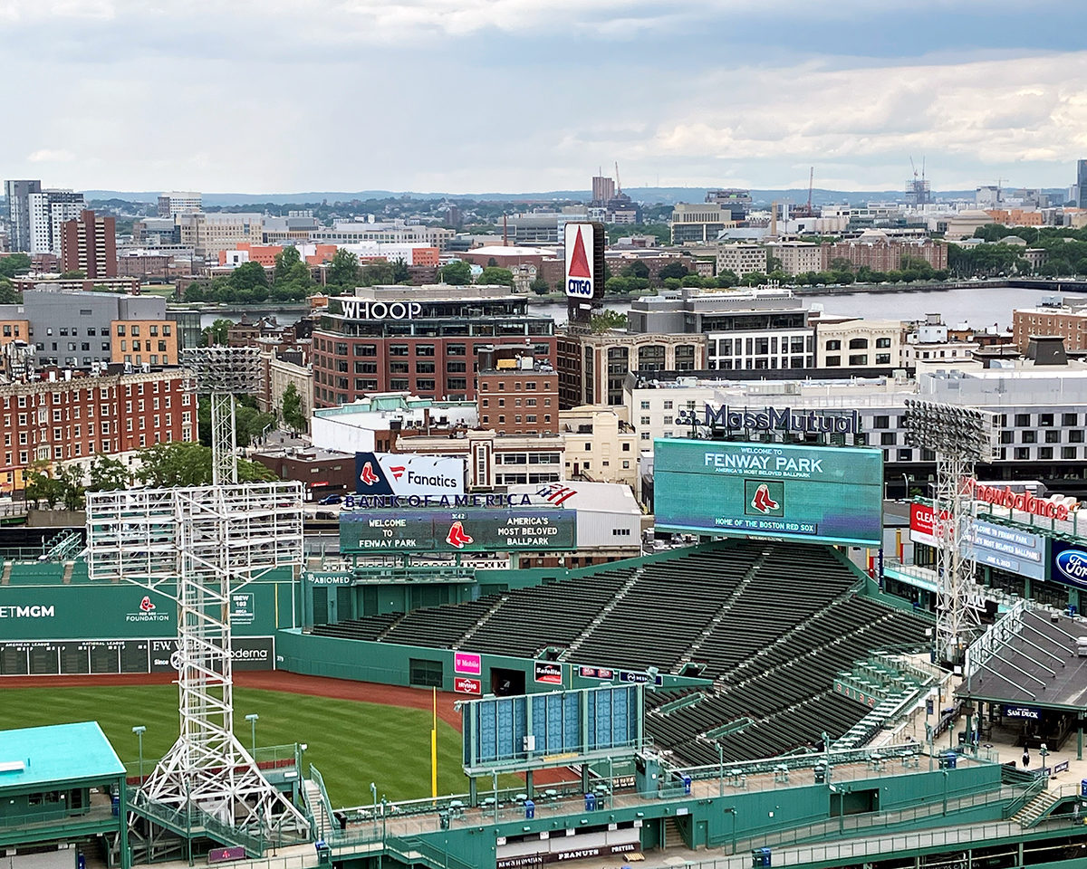 A view of Fenway Park from the roof deck at Viridian Apartments in Boston.