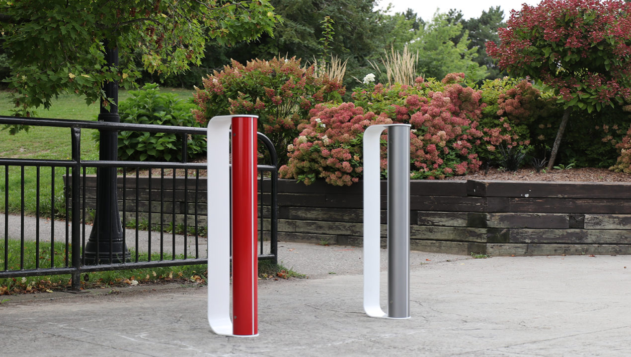 MUG Bike Racks painted Red and White, Gunmetal and White at park