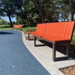 Backed Ogden Benches, HDPE Orange at shoreview commons park