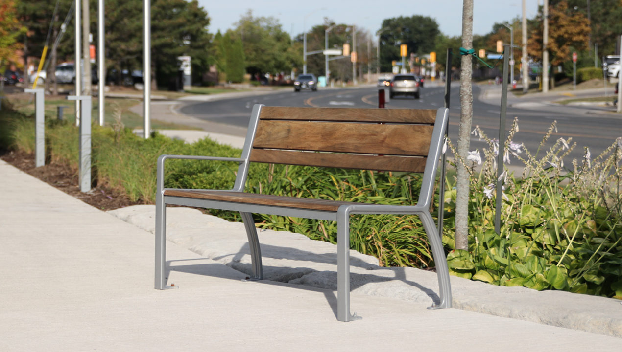 MBE-0970-00035: 970 Backed Bench, Left Arm Removed, Gloss Silver 14 Powdercoat, Ipe Wood