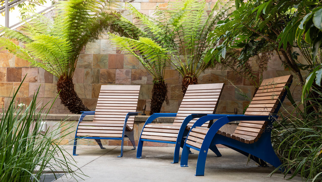 720 Chairs with Ipe Wood on school campus with green palm trees