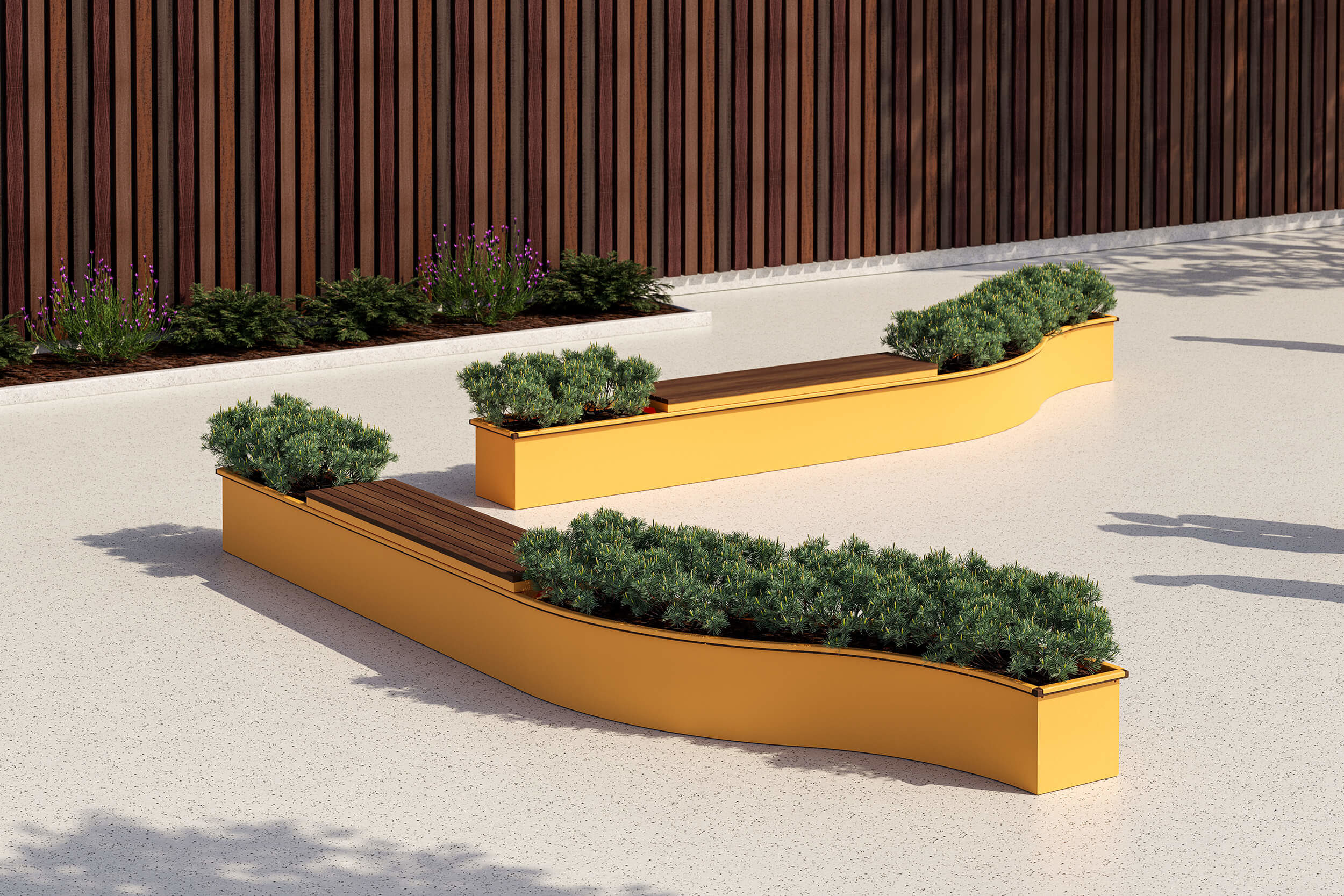 CANOE modular planters with seating in bright yellow powdercoat against wooden wall