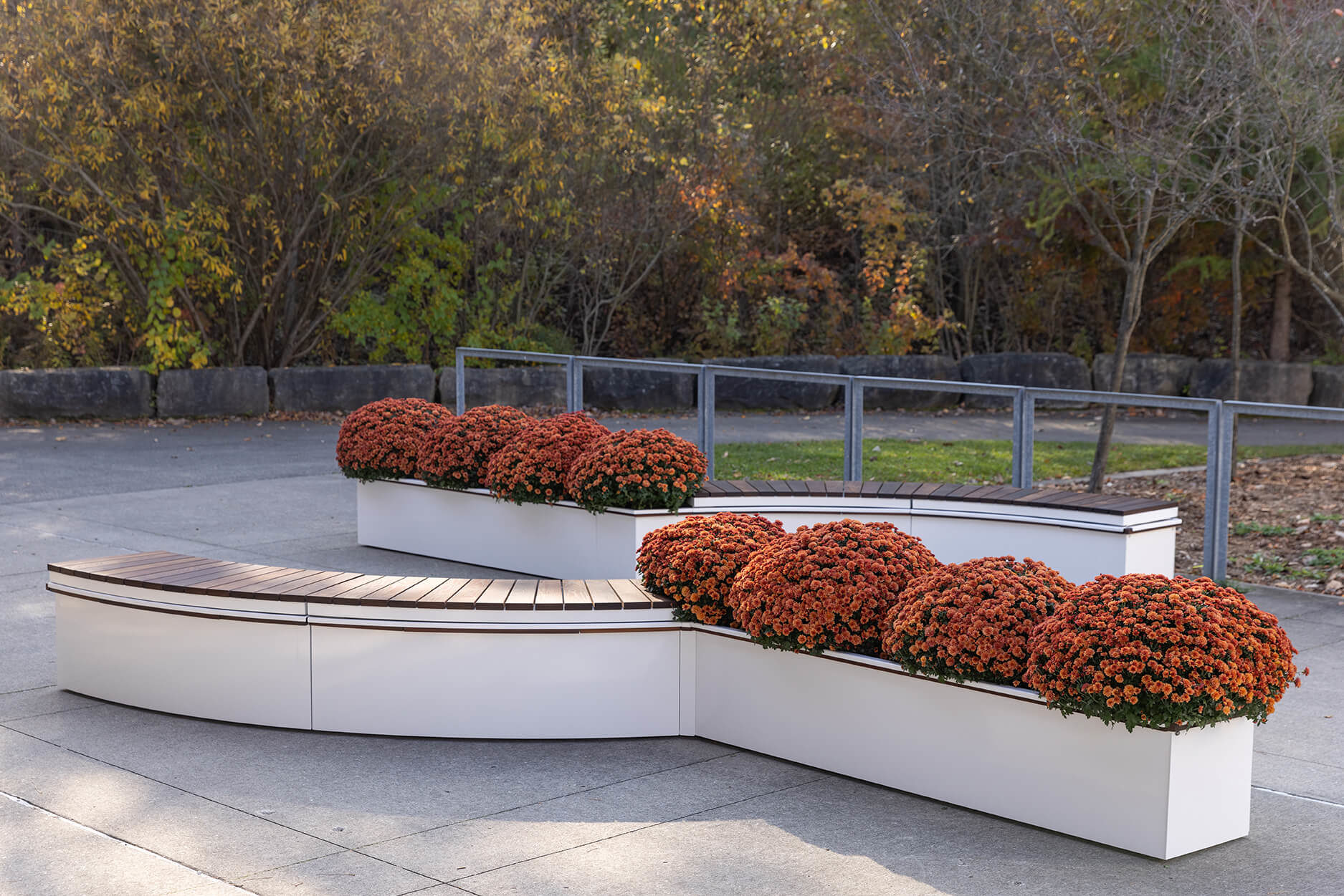 CANOE modular planters with orange mums and bench seating on a fall day