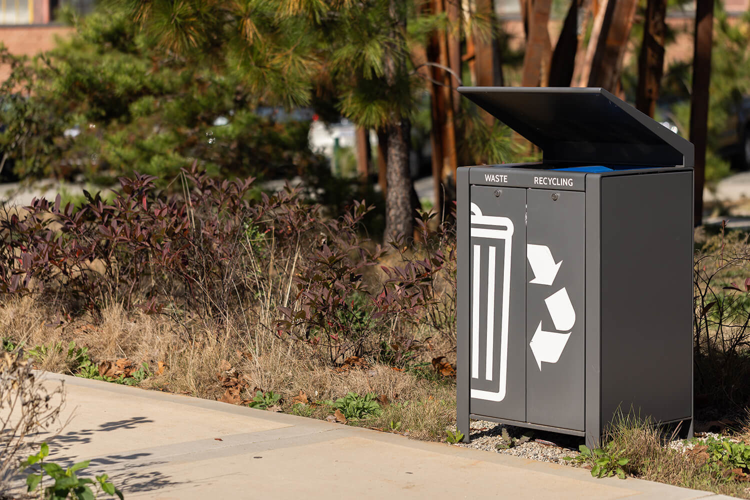 Lexicon waste and recycling unit along walkway with greenery in background
