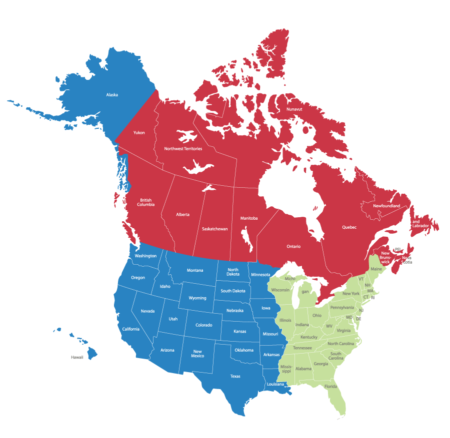 Map of North America divided into Canada, Western USA, and Eastern USA