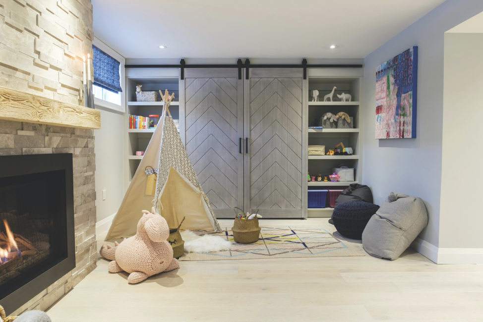 Herringbone Double Barn Door's in a children's playroom.