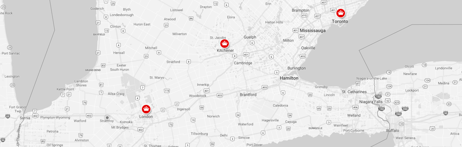 A map indicating London, Kitchener, and Toronto.