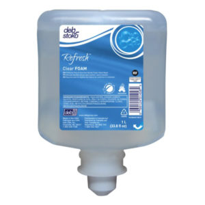 A DEB Refresh Clear Foam SOAP 1-liter refill container with a blue label and dispenser nozzle.