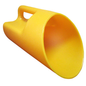 The HEAVY DUTY PLASTIC UTILITYSCOOP, 1 GALLON is a yellow plastic scoop with a handle, ideal for scooping grains, seeds, or other granular materials.