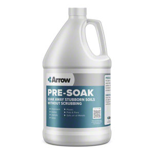 A large white bottle labeled "ARROW LIQUID DETERGENT PRESOAK" indicates it is used to soak away stubborn soils on silverware, dishes, and other items without scrubbing.