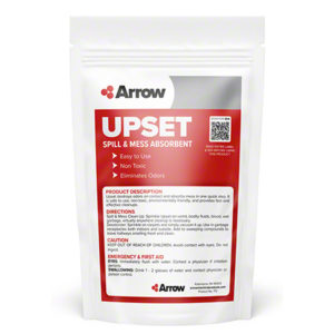 A white package labeled "ARROW UPSET VOMIT & SPILL ABSORBENT" provides product details about its ease of use, non-toxicity, and odor elimination. The 2lb package contains directions for use, cautionary advice, and emergency first aid information.