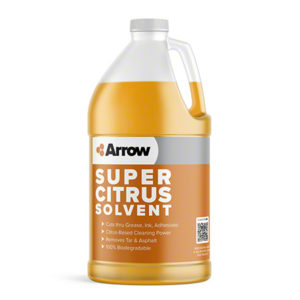 A large plastic jug labeled "SUPER CITRUS SOLVENT HEAVY DUTY DEGREASER." The label highlights that it cuts through grease, ink, adhesives, removes tar & asphalt, is citrus-based, and 100% biodegradable.