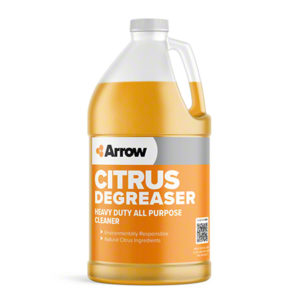 A 1-gallon jug of ARROW CITRUS CLEANER DEGREASER, a heavy-duty all-purpose cleaner, featuring environmentally responsible and natural citrus ingredients.