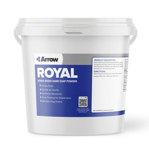 A 25-pound white tub labeled "25# ROYAL BORAX HAND SOAP" by Arrow, containing borax-based hand soap powder, with product benefits listed on the front and usage instructions on the side.