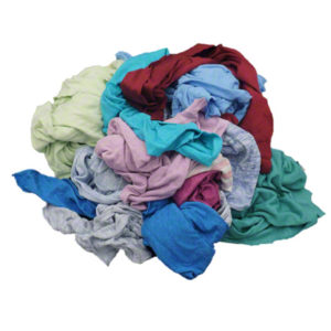 A loosely stacked pile of assorted 50-PTS WIPER BULK POLO/T-SHIRT MATERIAL in shades of green, red, blue, purple, and gray, weighing 50 lbs per case.