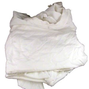 A crumpled piece of WIPER 10# BULK T-SHIRT MATERIAL (95% COTTON) laying on a flat surface.