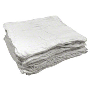 A stack of WIPER 10# BULK TERRY CLOTH 40-3000 folded white rags placed on a plain surface.