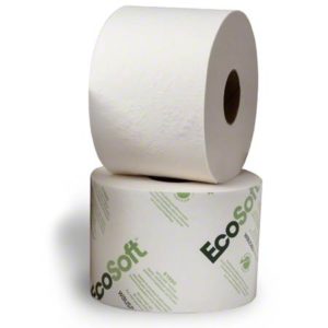 Two rolls of TORK 2 Ply White Toilet Tissue with OptiCore, one standing vertically and the other laying horizontally with its label showing, from case 16 19 90 containing 36 rolls of 865 sheets each.