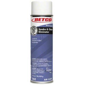 A can of BETCO Best Scent Smoke and Odor Eliminator, labeled as a deodorizer. The can is gray with blue and red accents, and it contains 16 oz (1 lb) or 454 g of product.