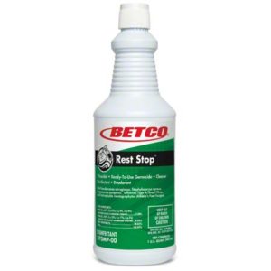 Bottle of BETCO REST STOP NON ACID REST-ROOM & KITCHEN CLEANER, a germicidal cleaner and deodorizer, with a white cap and green label detailing product use and safety information.