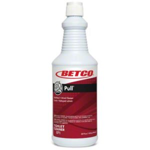 Clear plastic bottle of BETCO PULL 23% HCI BOWLCLEANER, featuring a red and white label with product details and branding, packaged 12 quarts per case.