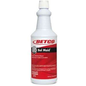 Image of a BETCO-branded white and red bottle labeled "Bol Maid" premium toilet bowl cleaner with 32 fl oz (946 mL) capacity, named BETCO BOL MAID 9% HCI Bowl Cleaner.