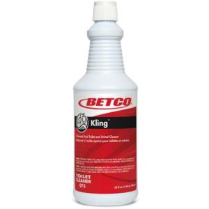 A white plastic bottle of BETCO KLING 9% HCI Thick Bowl Cleaner with red and white labeling. The bottle has a pointed nozzle cap and contains 32 fluid ounces (1 quart) of product.