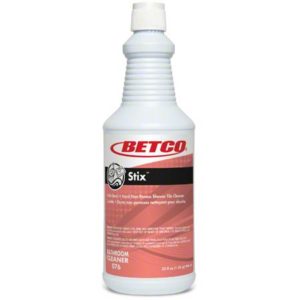 A quart bottle of BETCO STIX 20% Phosphoric Bowl Cleaner with a white top and red label, designed for cleaning hard non-porous shower tiles.