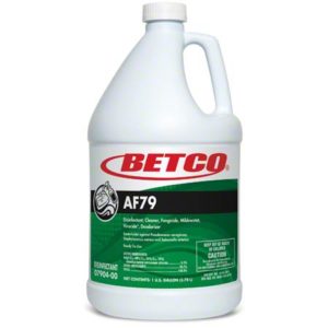 A white plastic gallon container with a handle and a green and white label. The label reads "BETCO AF79 ACID FREE BATHROOM CLEANER RTU" and describes it as a disinfectant, cleaner, fungicide, mildewstat, virucide, and deodorizer. It comes in a case of four gallons.