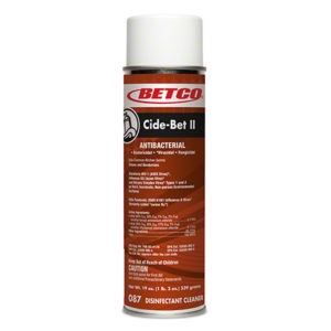 A can of BETCO CIDE-BET II CitrusFoaming Disinfectant Cleaner, featuring usage instructions and safety warnings on its labeling. The can is white with red and black text.