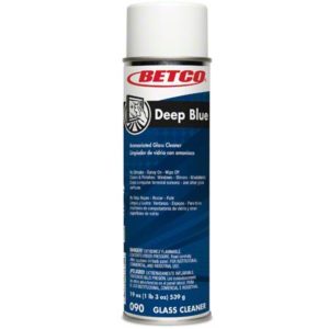 Aerosol can of #090 BETCO DEEP BLUE AMMONIATED GLASS & SURFACE CLEANER with a white and blue label, containing 19oz (539g). The label lists features and descriptions in English and Spanish.