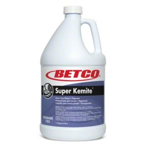 A one-gallon bottle of BETCO SUPER KEMITE Butyl Degreaser with a white and red label, featuring the Betco logo, product name, and usage instructions.