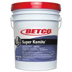 A five-gallon white bucket with a red lid labeled "BETCO SUPER KEMITE BUTYL DEGREASER," a heavy-duty cleaner and degreaser, with information provided in English, French, and Spanish.