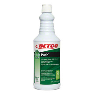 A white plastic bottle of BETCO Green Earth Push Fiber Cleaner/Deodorizer with a green label and red branding on a white background.