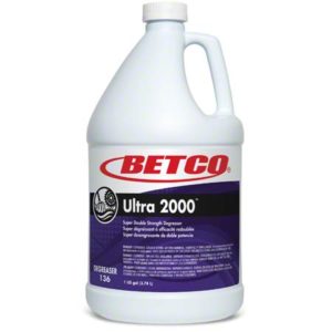 A gallon container of BETCO Ultra 2000 Double Strength Butyl Degreaser, with a purple label and white cap.