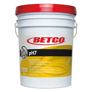 A 5-gallon (18.9 liters) white pail of BETCO PH7 Neutral Daily Floor Cleaner with a red lid and a yellow label.