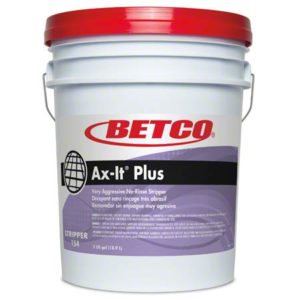 A 5-gallon pail of BETCO AX-IT PLUS HVY DTY FLOOR STRIPPER, an extremely aggressive no-rinse stripper, featuring a white body and red lid with the Betco logo and product details on the label.