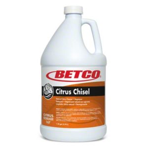 A gallon-sized container of BETCO Citrus Chisel Non-Butyl Citrus Cleaner & Degreaser, featuring a white handle and an orange label.