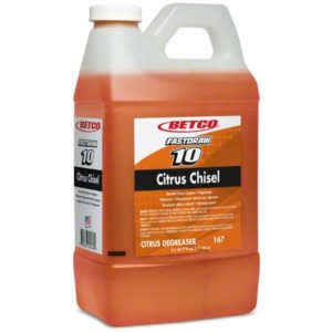 A 2-liter container of BETCO FASTDRAW #10 Citrus Chisel Cleaner & Degreaser with an orange liquid inside and a handle on top.