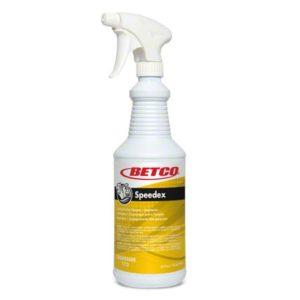 Image of a BETCO SPEEDEX RTU Heavy-Duty Butyl Degreaser spray bottle cleaner. The bottle is white with a yellow and white label. The spray nozzle is white. The label features the brand name and product information in English and Spanish.