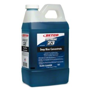 A container of BETCO FASTDRAW #23 Deep Blue Glass Cleaner, 2 liters with a blue label, white cap, and an integrated handle for easy pouring.