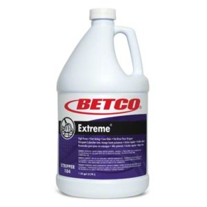 Gallon jug of BETCO EXTREME NO RINSE FLOORSTRIPPER. The label indicates it is a high-power, fast-acting floor stripper with low odor for removing multiple layers of floor finish.