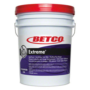 A 5-gallon pail labeled "BETCO EXTREME NO RINSE FLOORSTRIPPER" with a white body and a red lid. This product is known for being a high-power, fast-acting, low-odor floor stripper that requires no rinsing.